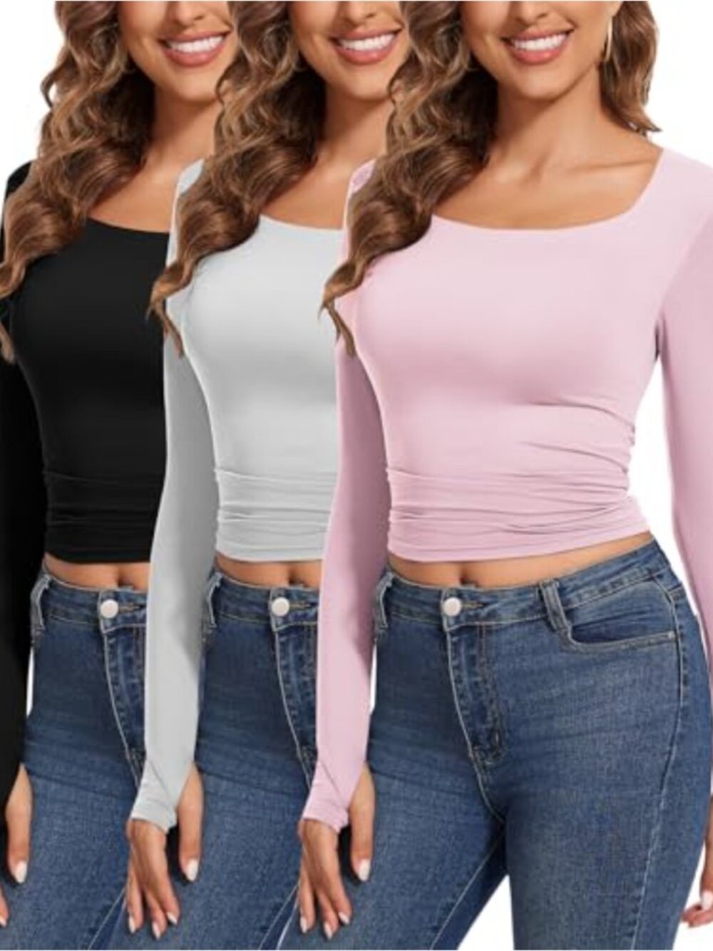 3 Pack Women's Long Sleeve Crop Tops with Thumb Holes Y2K Square Neck